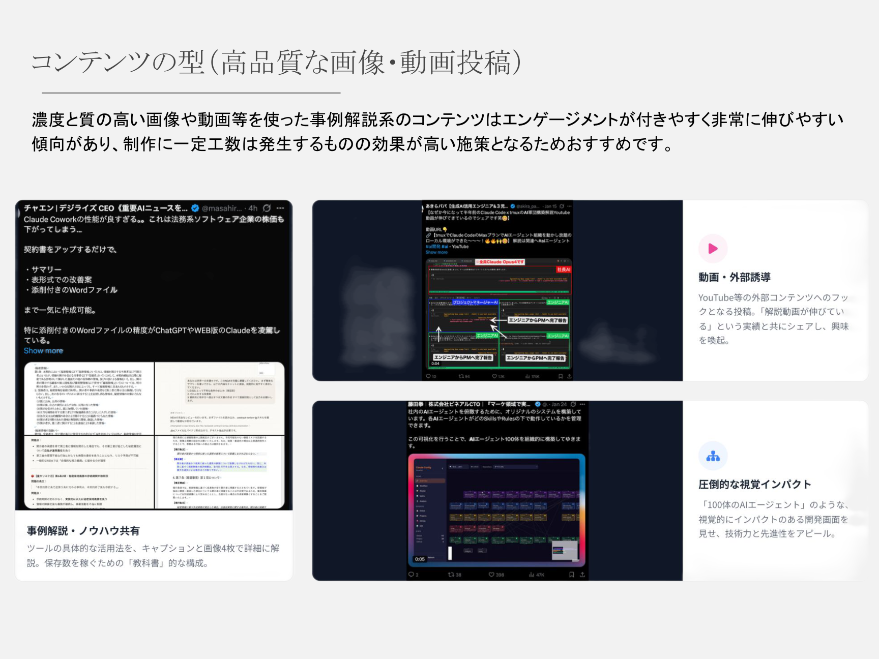 コンテンツの型：高品質な画像・動画投稿（事例解説系）